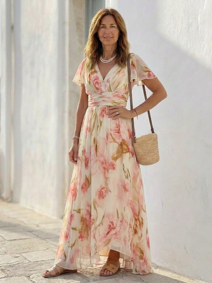 Elara | Floral Short Sleeve V-Neck Maxi Dress