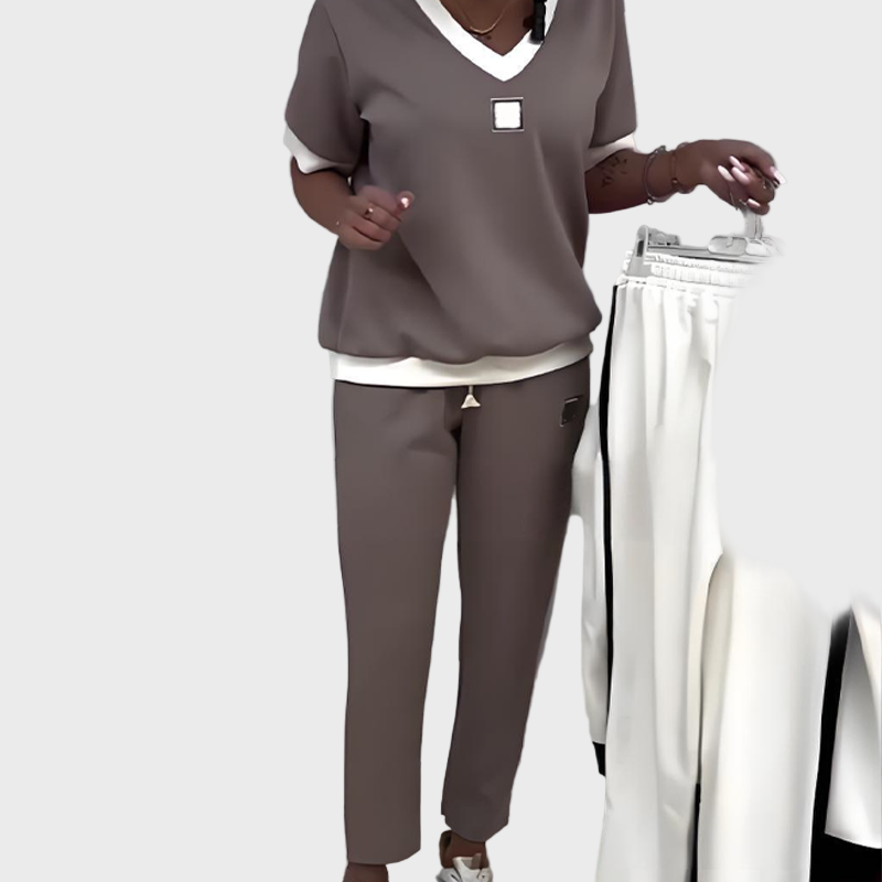 Women's Casual Set with Top and Pants with V-Neck