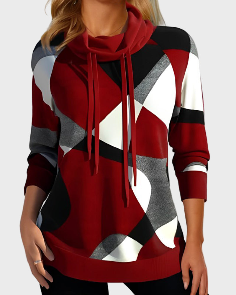 Knitted sweatshirt with artistic print and hood