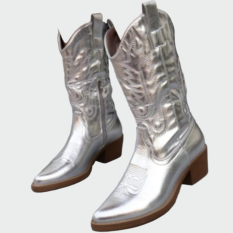 Star | Metallic Cowboy Ankle Boots in Pink with Embroidery