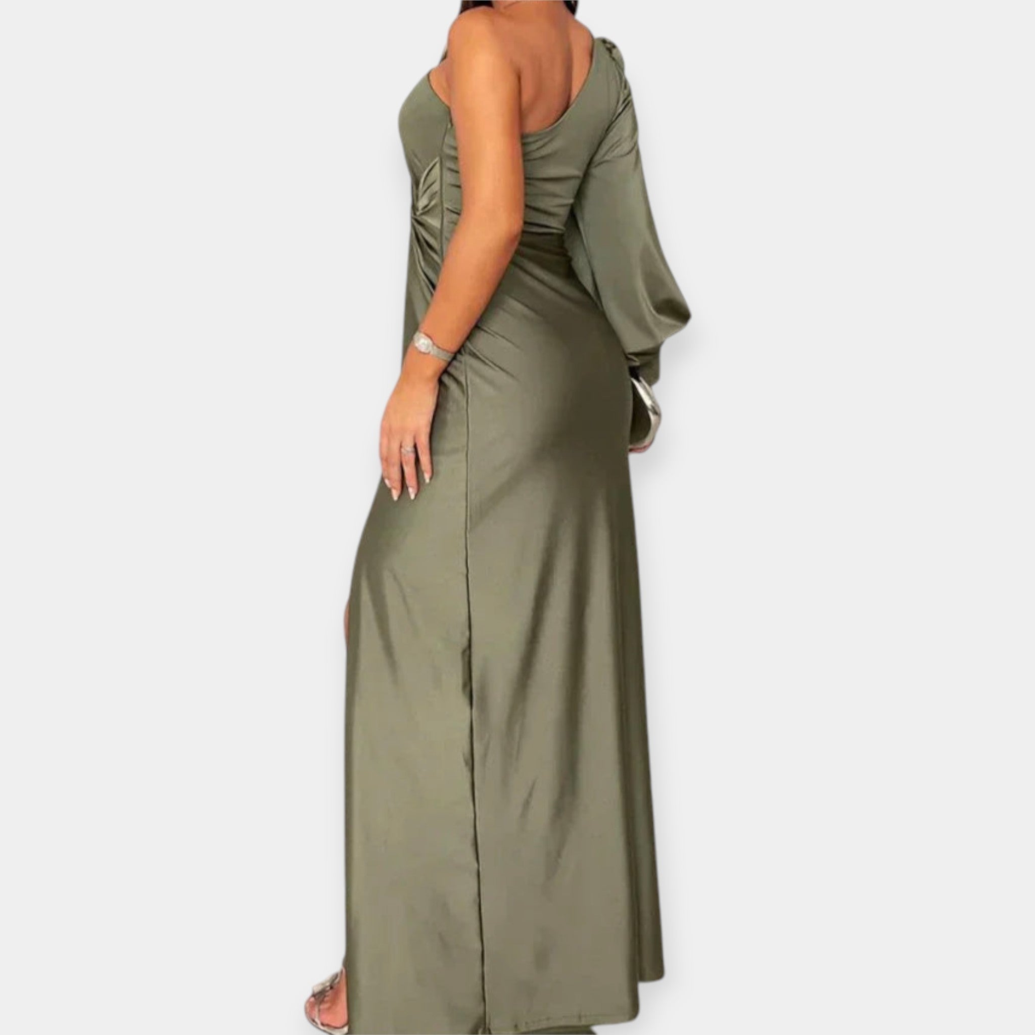 Long dress with asymmetric shoulder and slit