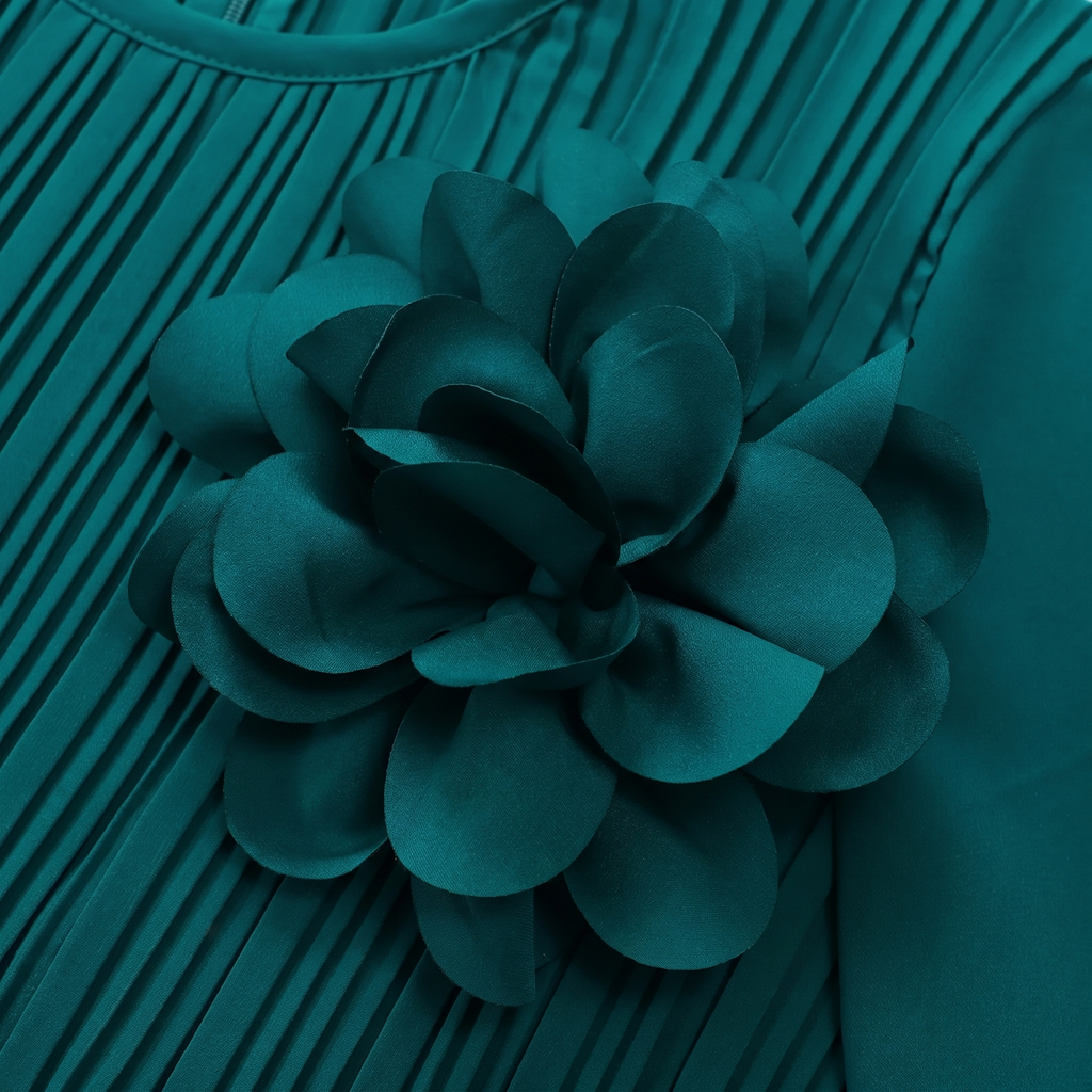 Pleated Midi Dress with Flower Brooch and Belt Detail