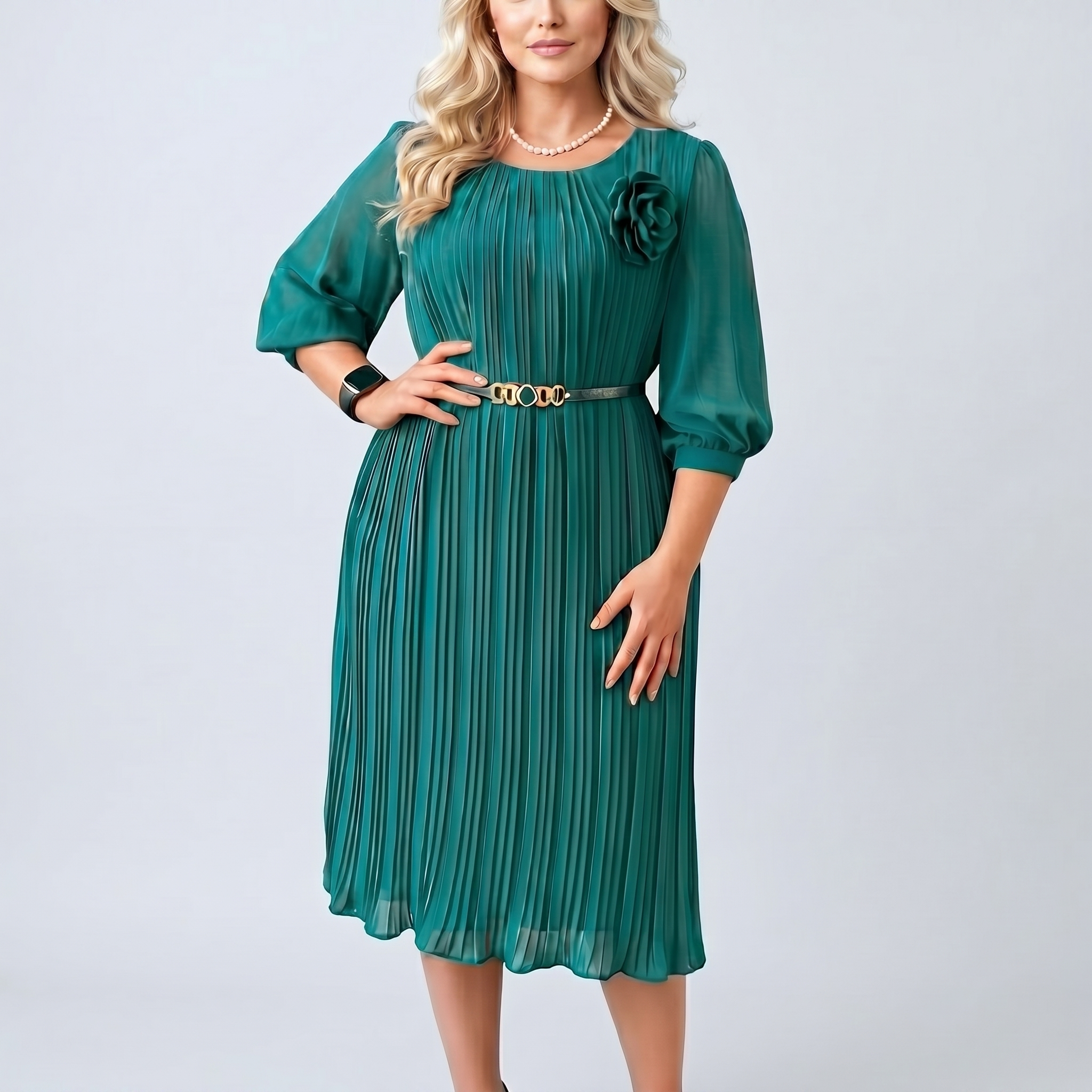 Pleated Midi Dress with Flower Brooch and Belt Detail