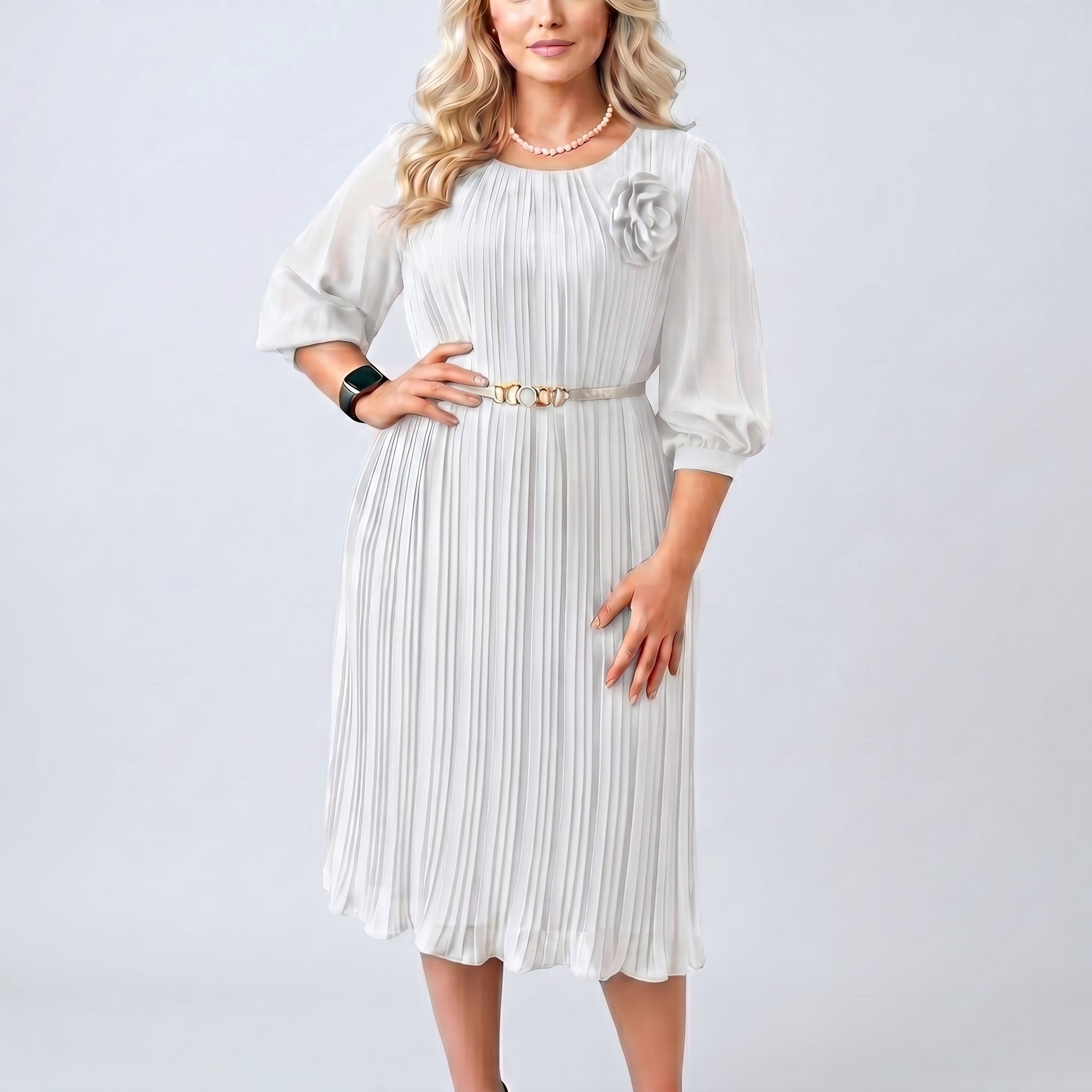 Pleated Midi Dress with Flower Brooch and Belt Detail
