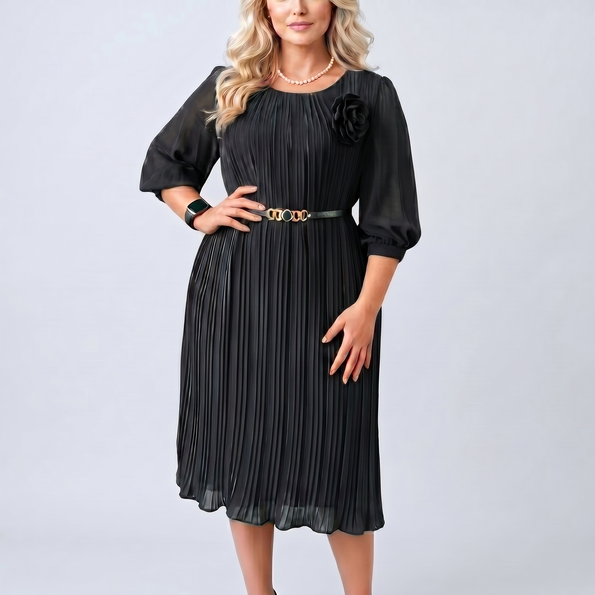 Pleated Midi Dress with Flower Brooch and Belt Detail