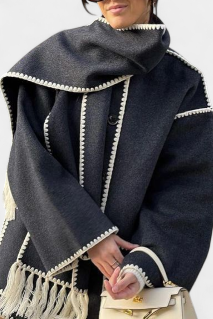 Pauline™ | Loose-Fitting Coat with Integrated Fringe Scarf