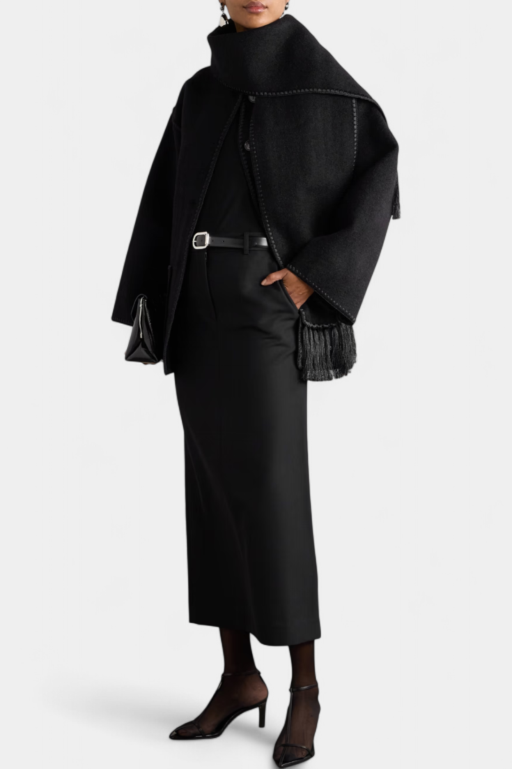 Pauline™ | Loose-Fitting Coat with Integrated Fringe Scarf