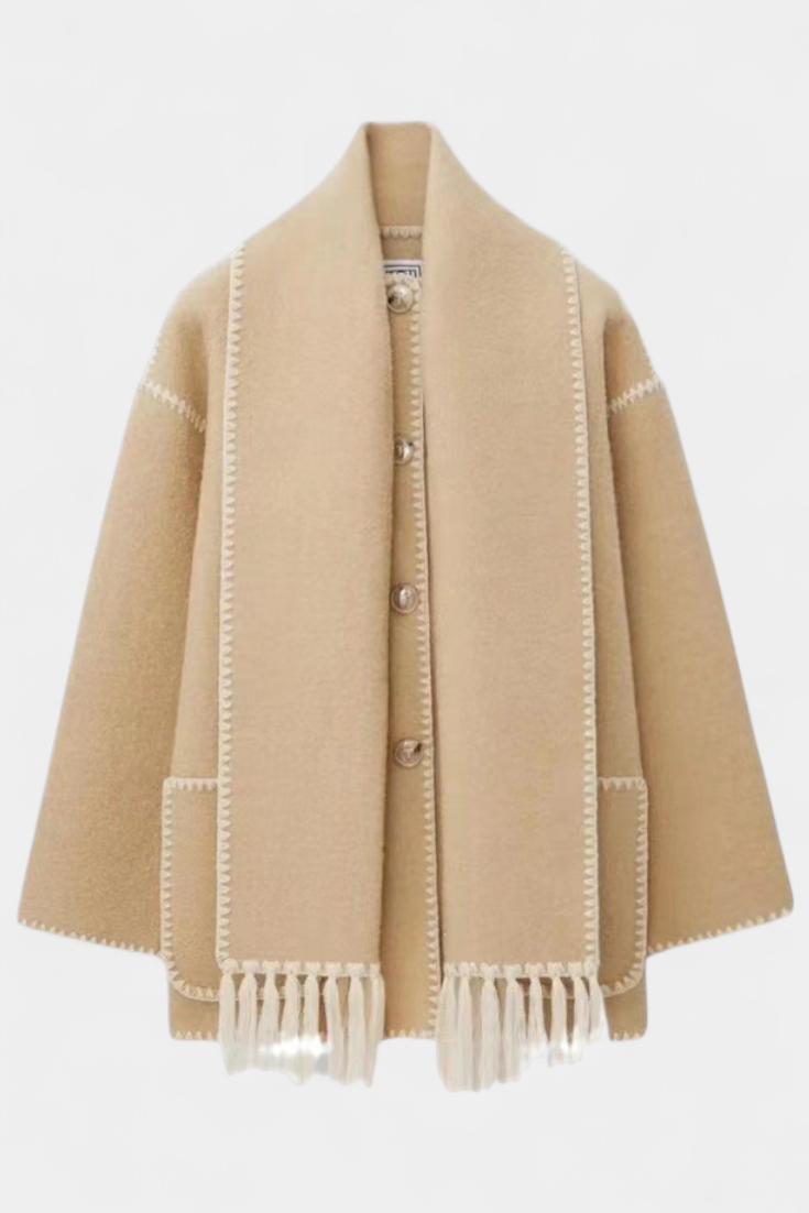 Pauline™ | Loose-Fitting Coat with Integrated Fringe Scarf