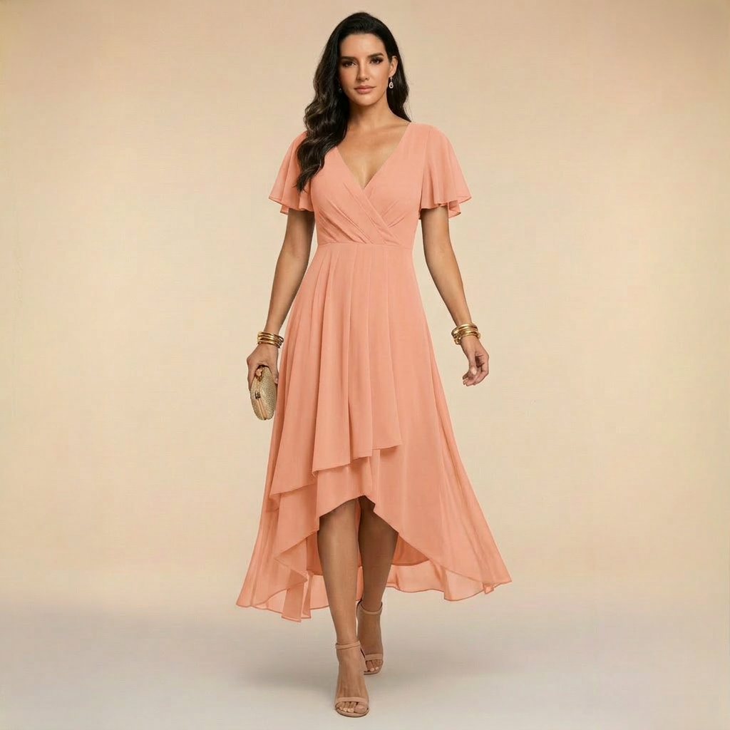 Aurora - Flutter Sleeve Wrap High-Low Midi Dress