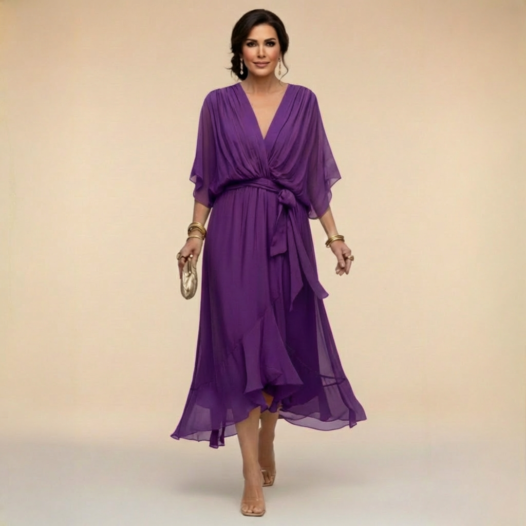 Celeste - Flowy Kimono Sleeve Wrap Midi Dress