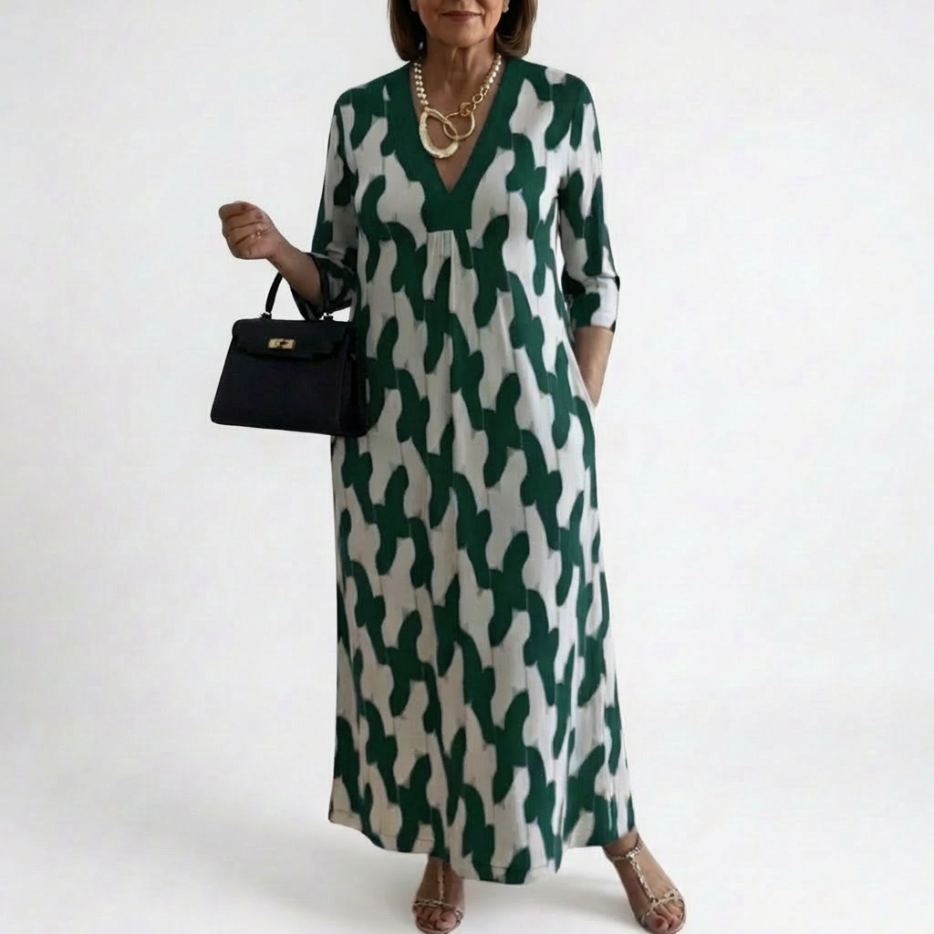 Liorenna Women's Dress | V-Neck + Printed Loose-Fit Long Dress
