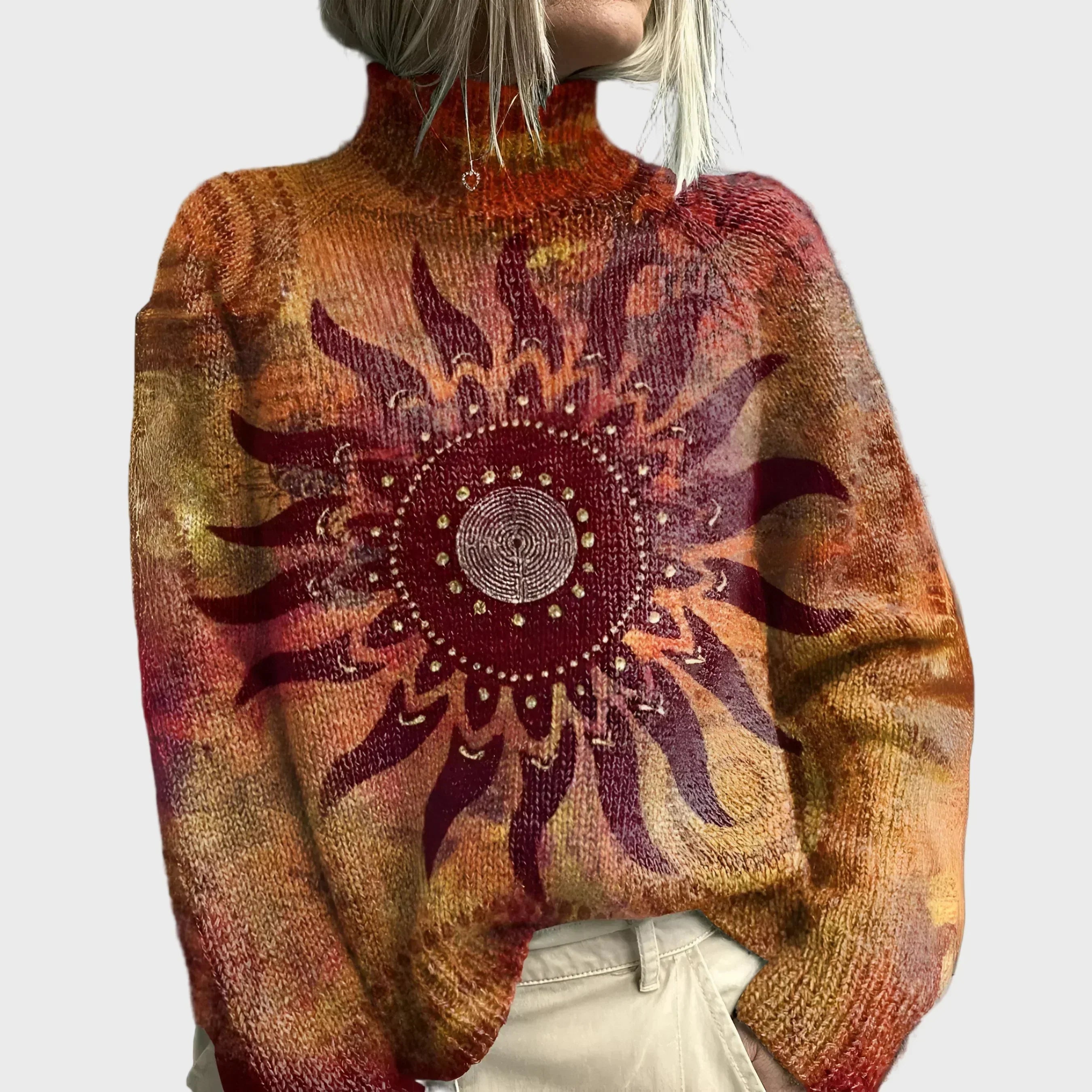 Braided Sweater with Sun and Tri-Ball Pattern