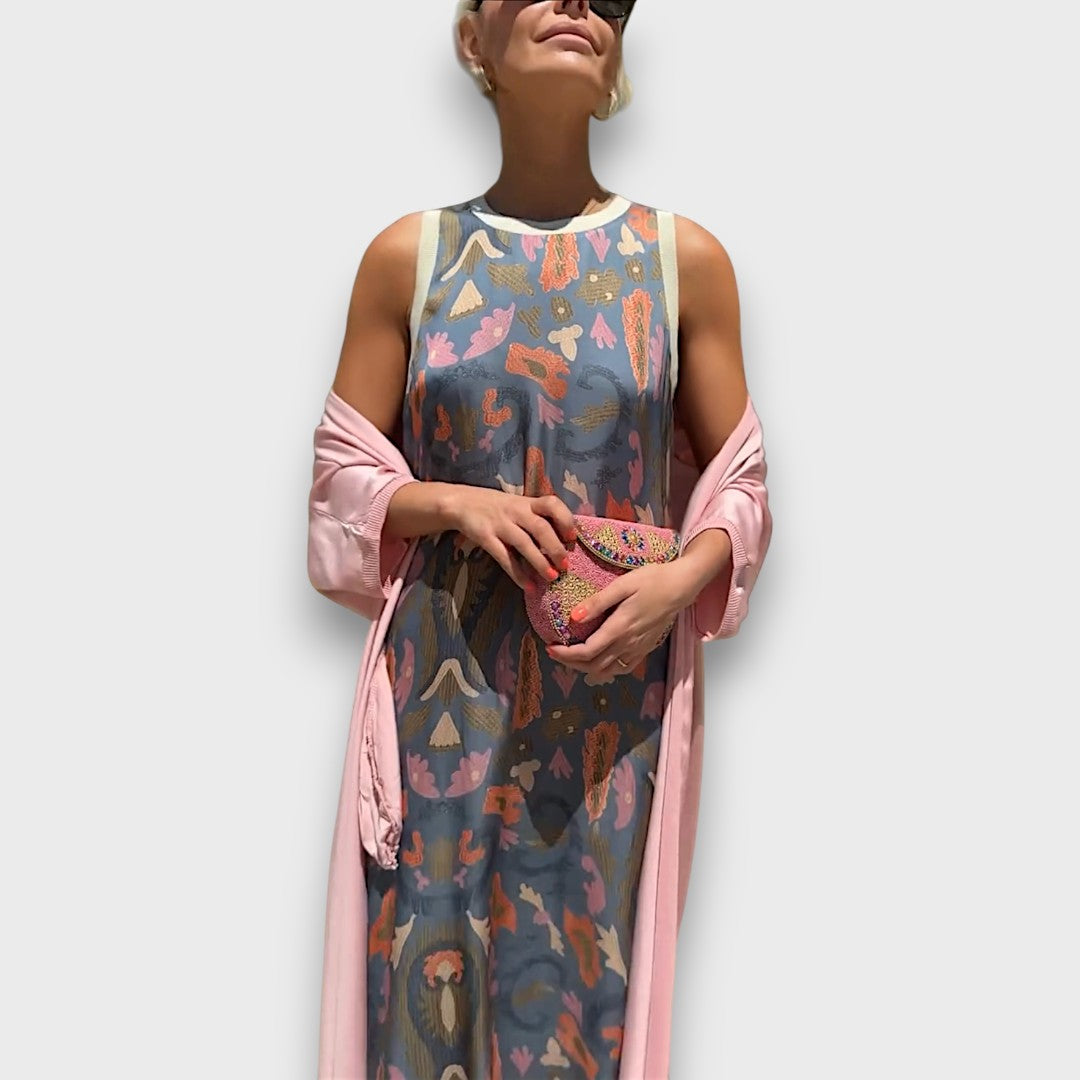 Long Dress with Floral Pattern and Light Jacket