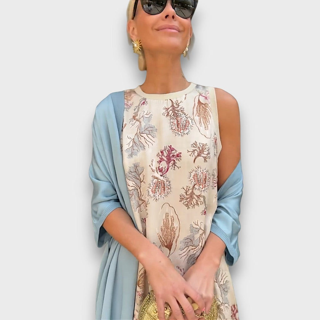 Long Dress with Floral Pattern and Light Jacket