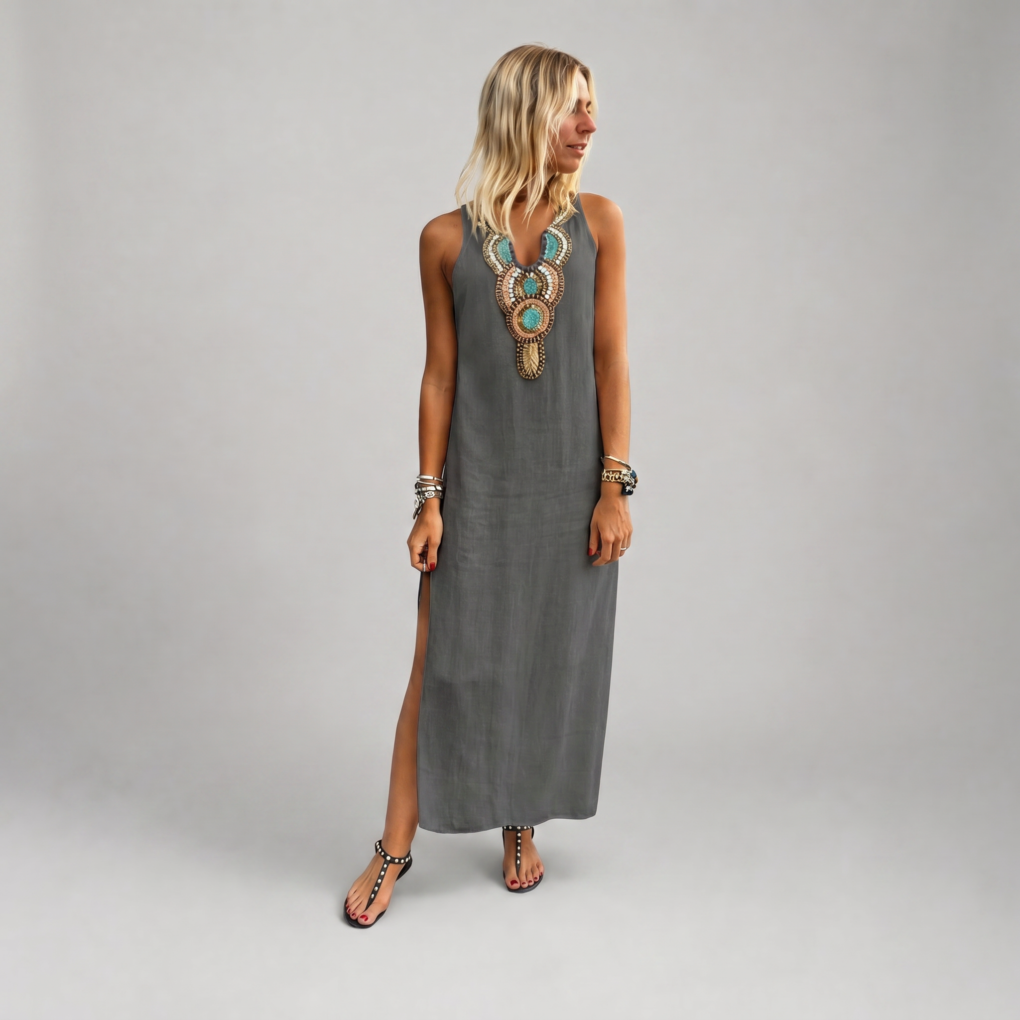 Linen V-Neck Maxi Dress with Side Slit