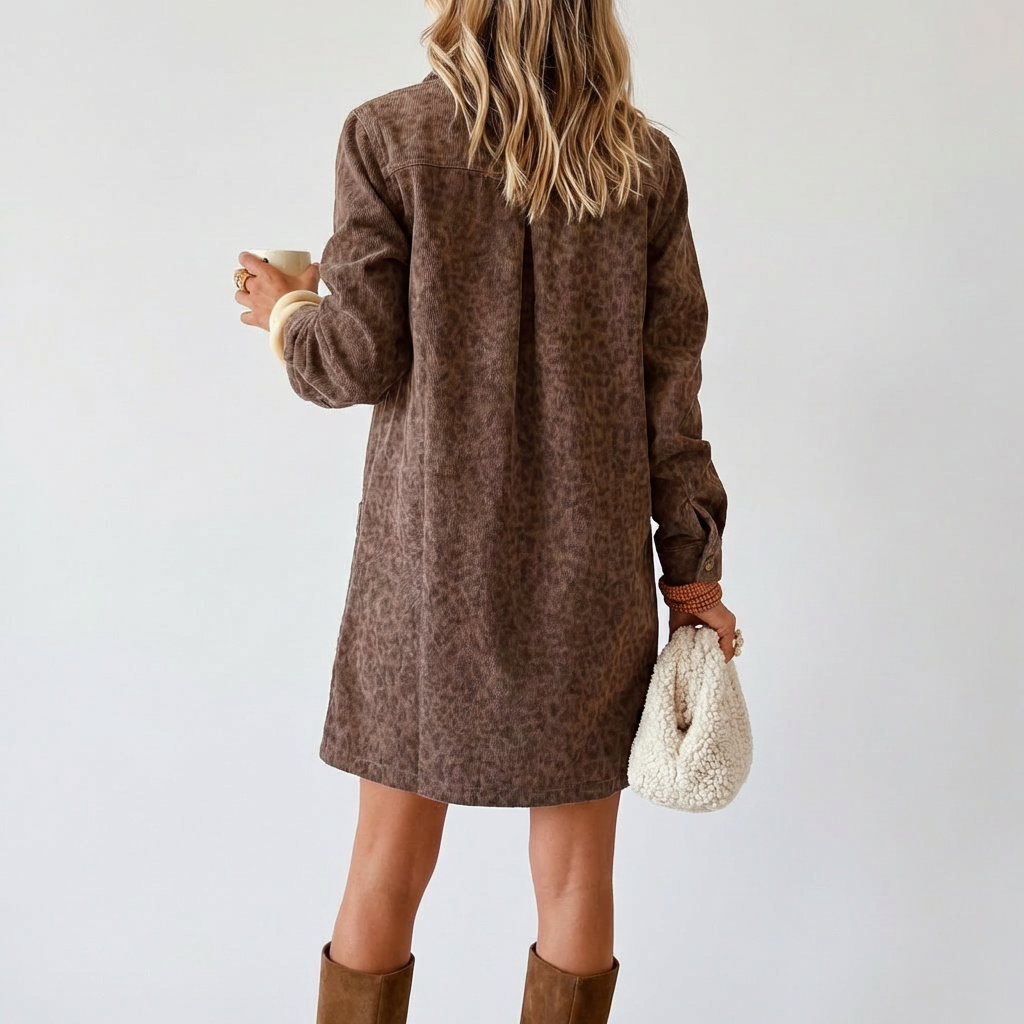 Lina - Leopard Print Denim Corduroy Shirt Dress