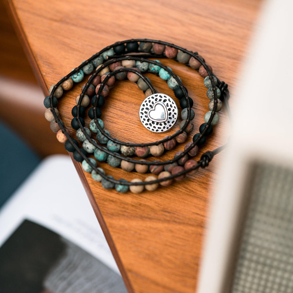 Balance Bracelet - African Turquoise & Jasper - Leather - Love