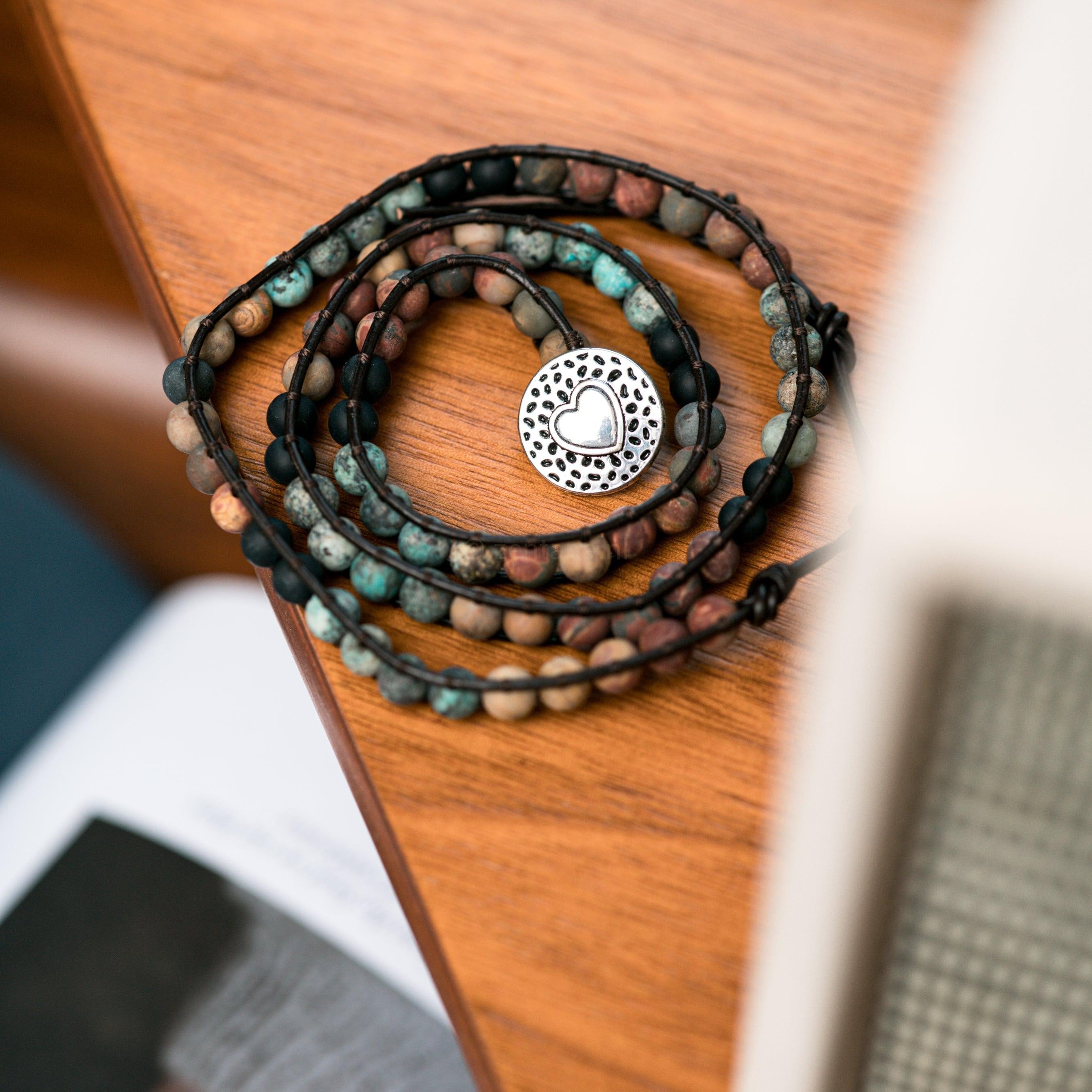 Balance Bracelet - African Turquoise & Jasper - Leather - Love
