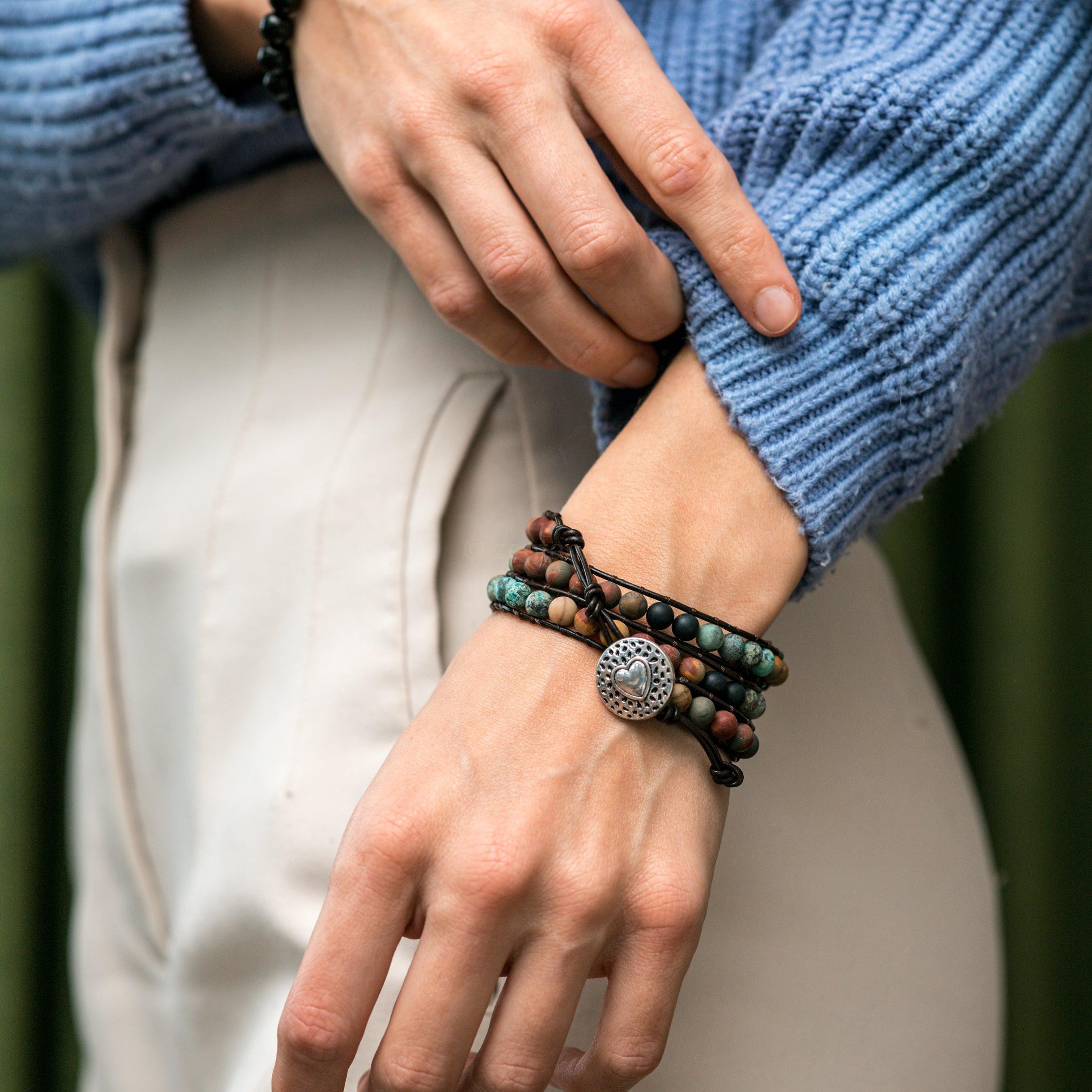 Balance Bracelet - African Turquoise & Jasper - Leather - Love