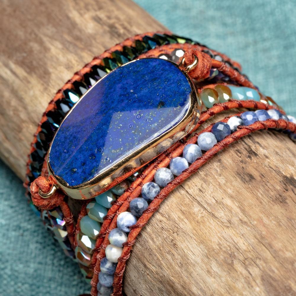 Wrap Bracelet Leather - Lapis Lazuli & Sodalite - Rough Cut - Wisdom