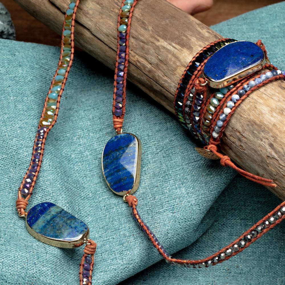 Wrap Bracelet Leather - Lapis Lazuli & Sodalite - Rough Cut - Wisdom